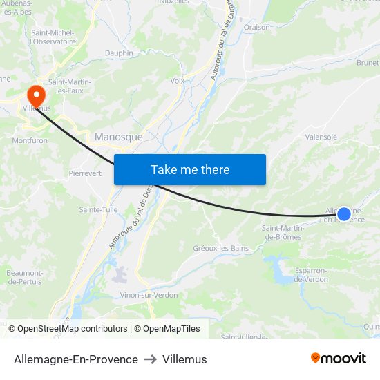 Allemagne-En-Provence to Villemus map