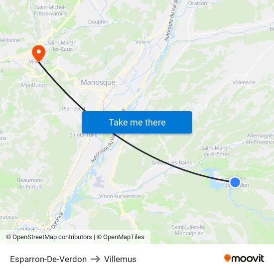 Esparron-De-Verdon to Villemus map