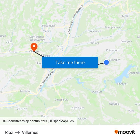 Riez to Villemus map
