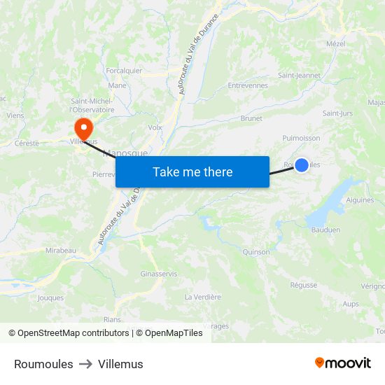 Roumoules to Villemus map