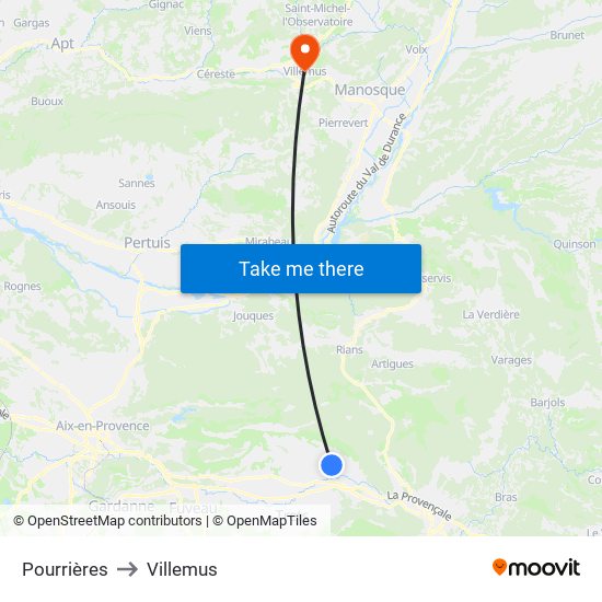 Pourrières to Villemus map