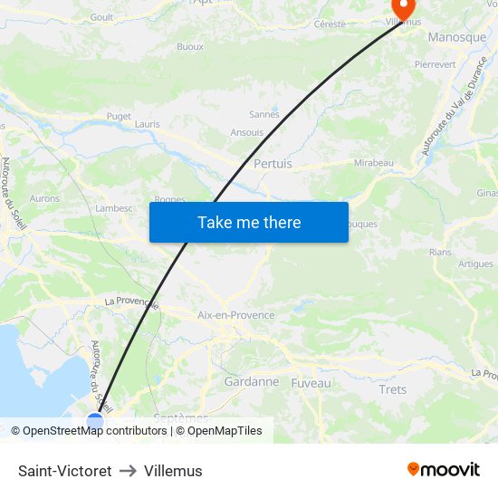 Saint-Victoret to Villemus map