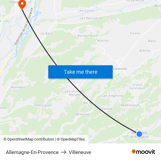 Allemagne-En-Provence to Villeneuve map