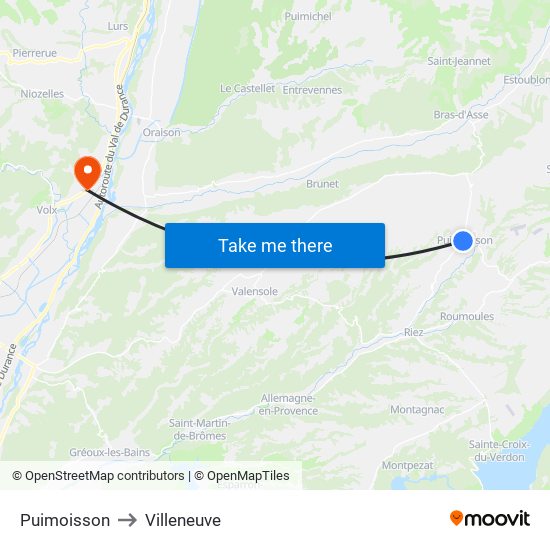 Puimoisson to Villeneuve map