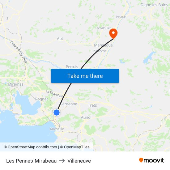 Les Pennes-Mirabeau to Villeneuve map