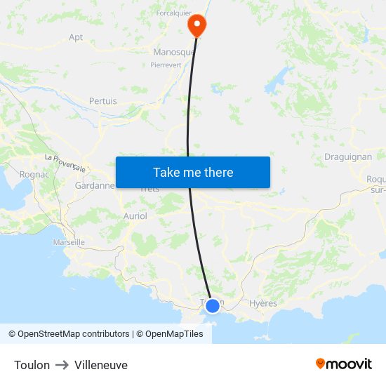 Toulon to Villeneuve map