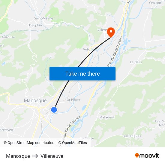 Manosque to Villeneuve map