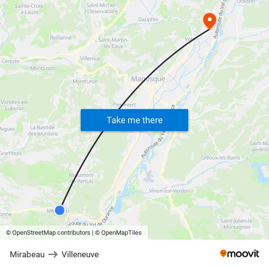 Mirabeau to Villeneuve map