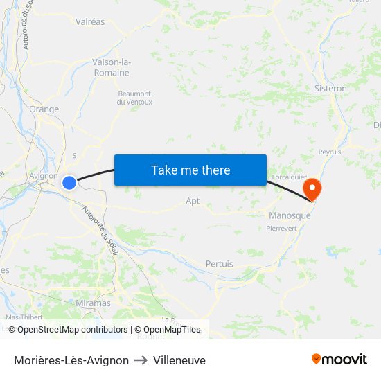 Morières-Lès-Avignon to Villeneuve map