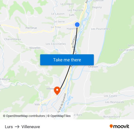 Lurs to Villeneuve map