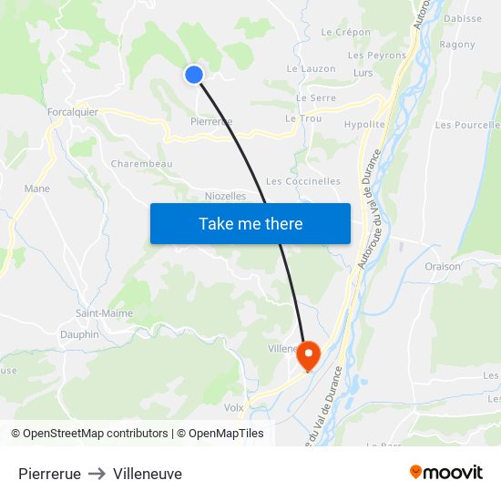 Pierrerue to Villeneuve map