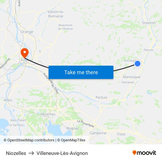 Niozelles to Villeneuve-Lès-Avignon map