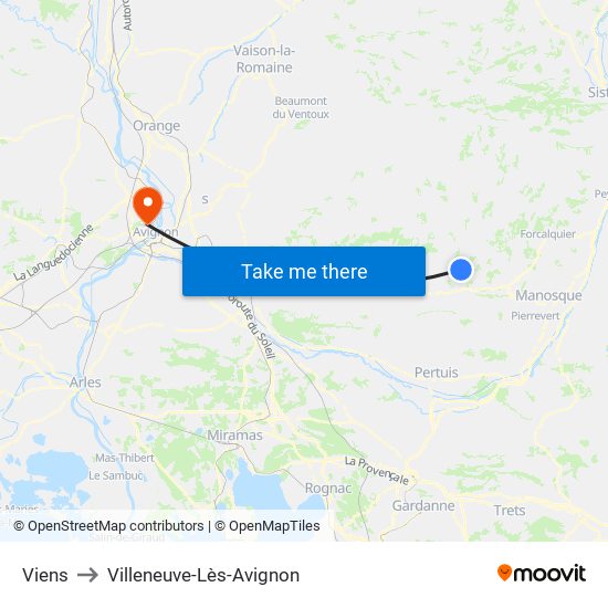 Viens to Villeneuve-Lès-Avignon map