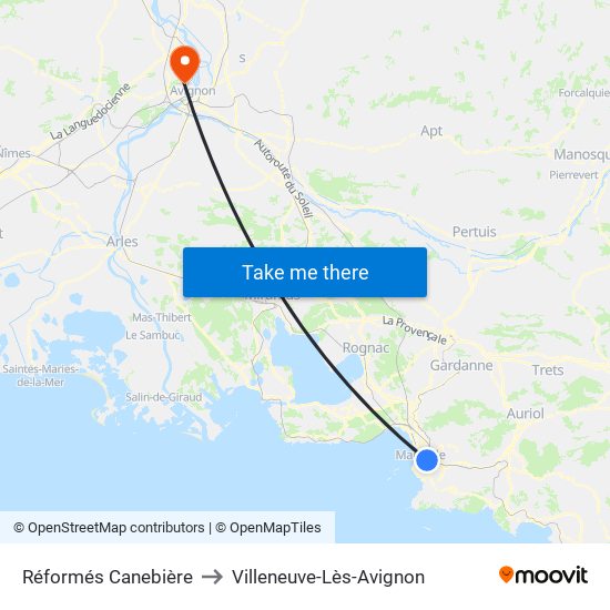 Réformés Canebière to Villeneuve-Lès-Avignon map