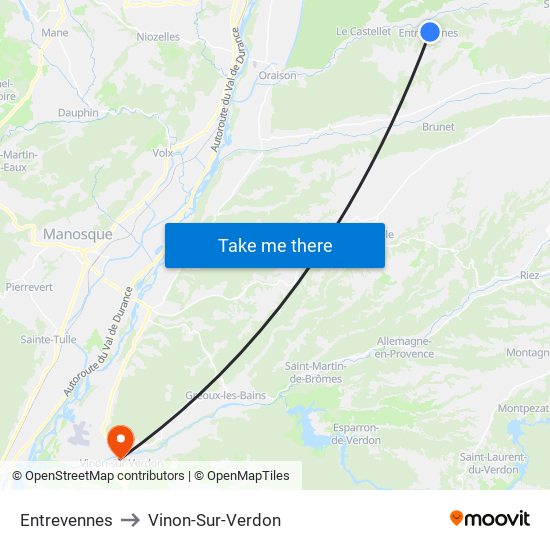 Entrevennes to Vinon-Sur-Verdon map