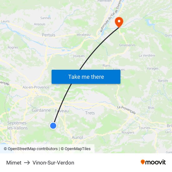 Mimet to Vinon-Sur-Verdon map