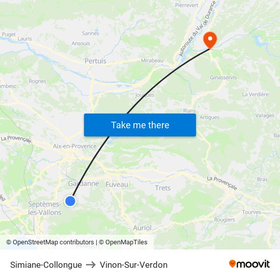 Simiane-Collongue to Vinon-Sur-Verdon map