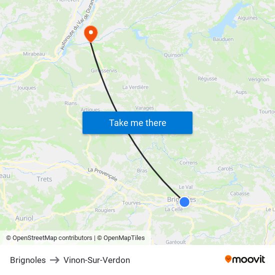 Brignoles to Vinon-Sur-Verdon map