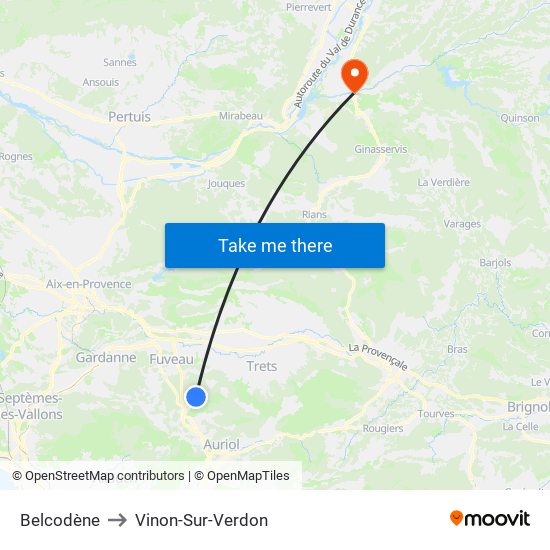 Belcodène to Vinon-Sur-Verdon map