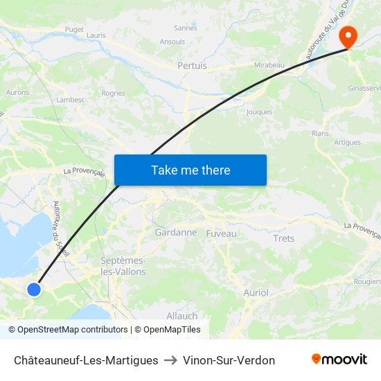 Châteauneuf-Les-Martigues to Vinon-Sur-Verdon map