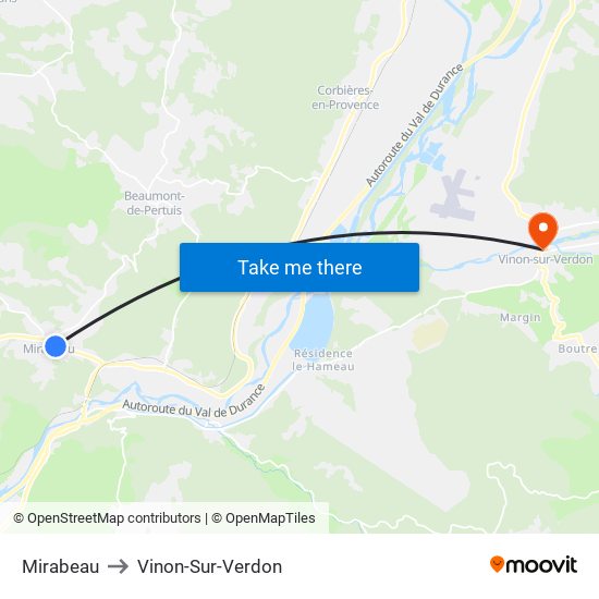 Mirabeau to Vinon-Sur-Verdon map