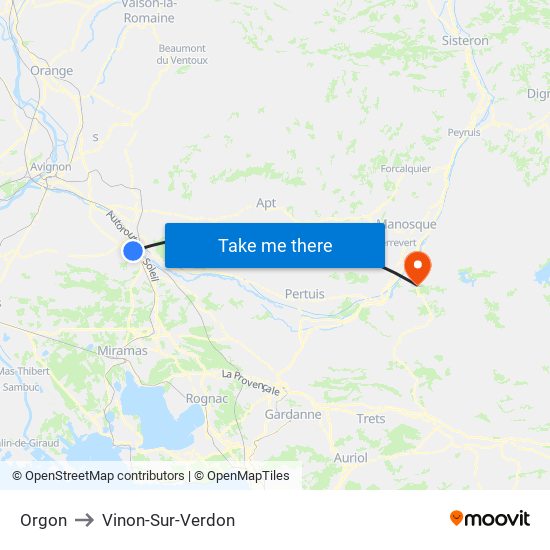 Orgon to Vinon-Sur-Verdon map