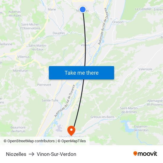 Niozelles to Vinon-Sur-Verdon map