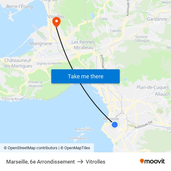 Marseille, 6e Arrondissement to Vitrolles map