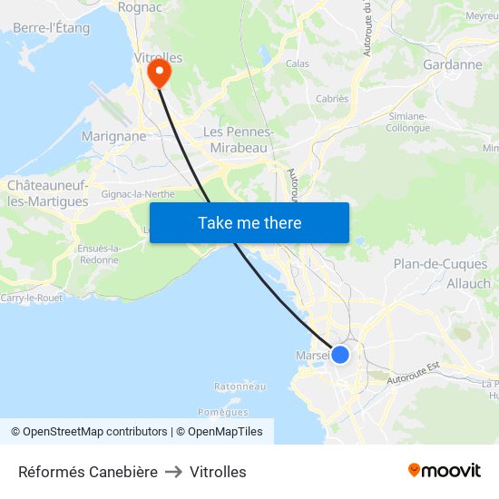 Réformés Canebière to Vitrolles map