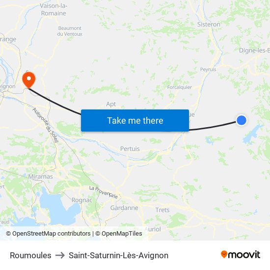 Roumoules to Saint-Saturnin-Lès-Avignon map