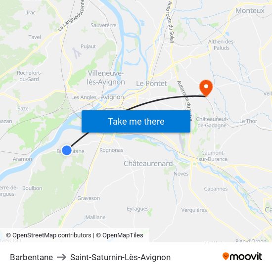 Barbentane to Saint-Saturnin-Lès-Avignon map