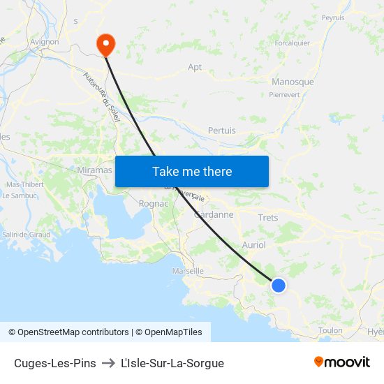 Cuges-Les-Pins to L'Isle-Sur-La-Sorgue map