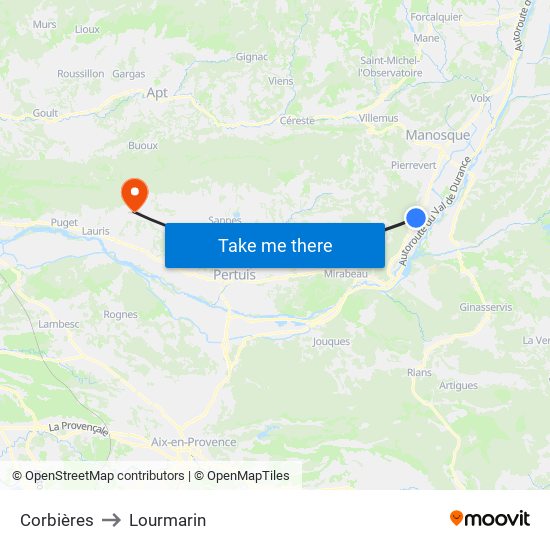 Corbières to Lourmarin map