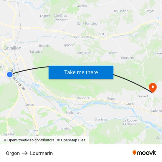 Orgon to Lourmarin map