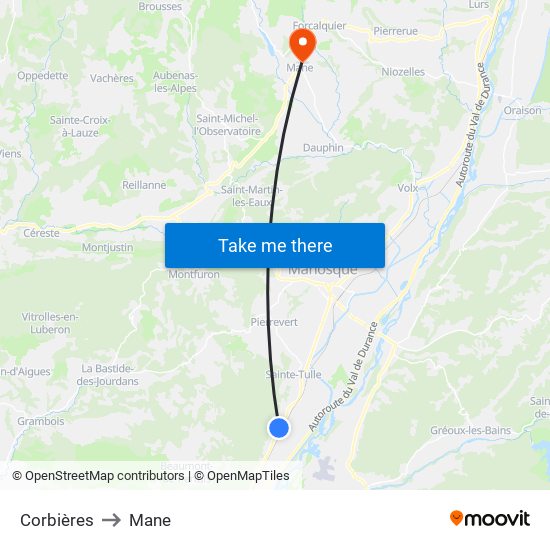 Corbières to Mane map