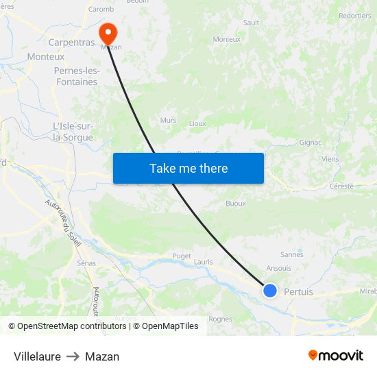Villelaure to Mazan map