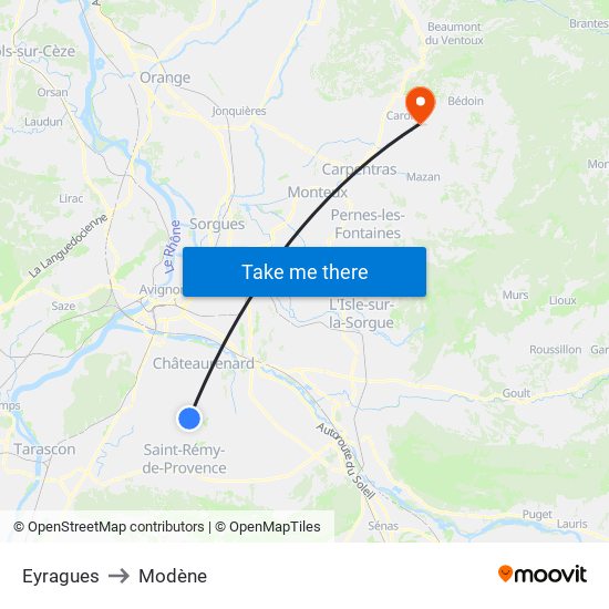 Eyragues to Modène map