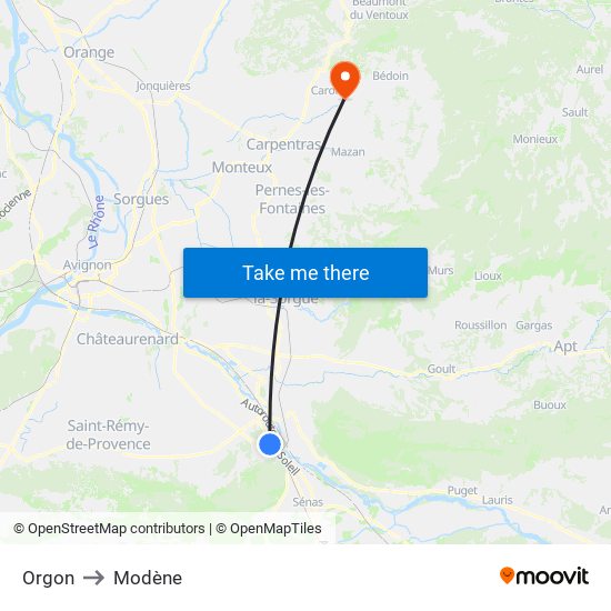 Orgon to Modène map