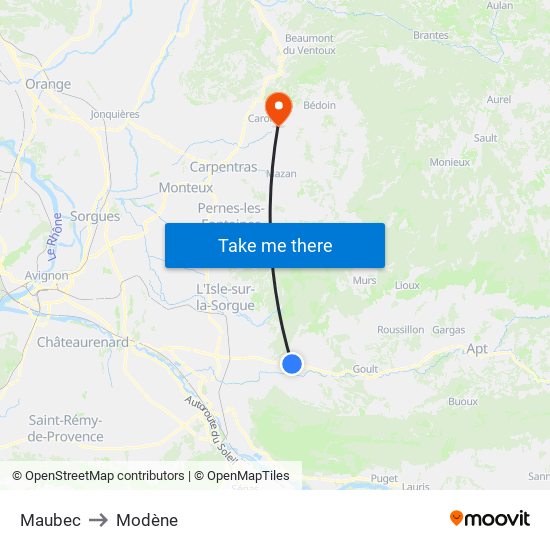 Maubec to Modène map
