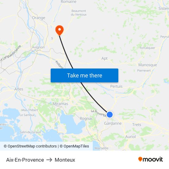 Aix-En-Provence to Monteux map