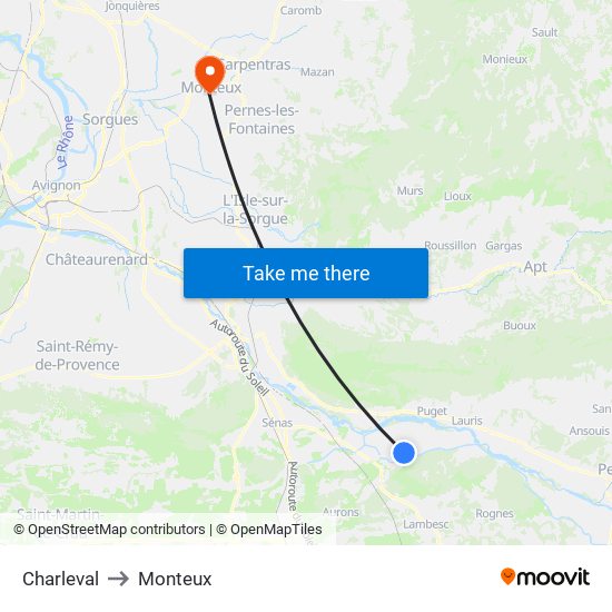 Charleval to Monteux map