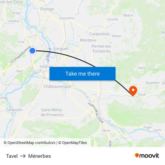 Tavel to Ménerbes map