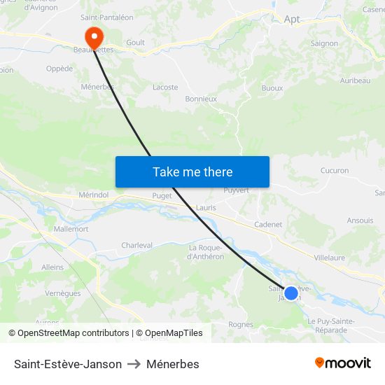 Saint-Estève-Janson to Ménerbes map