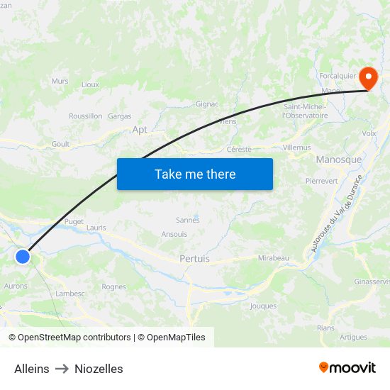 Alleins to Niozelles map