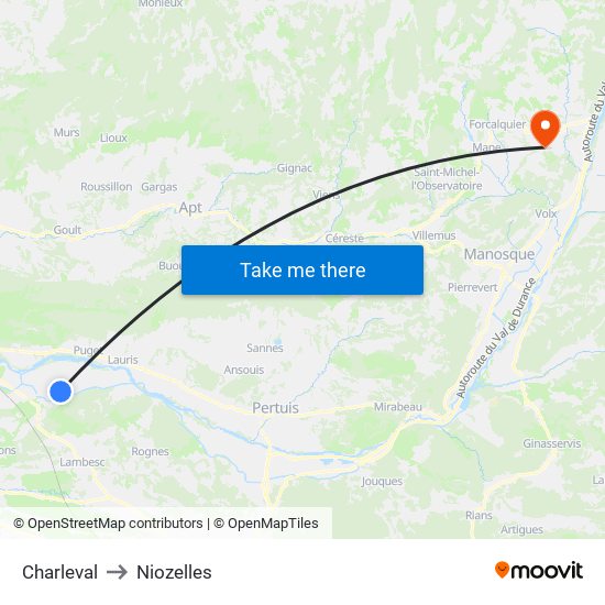 Charleval to Niozelles map