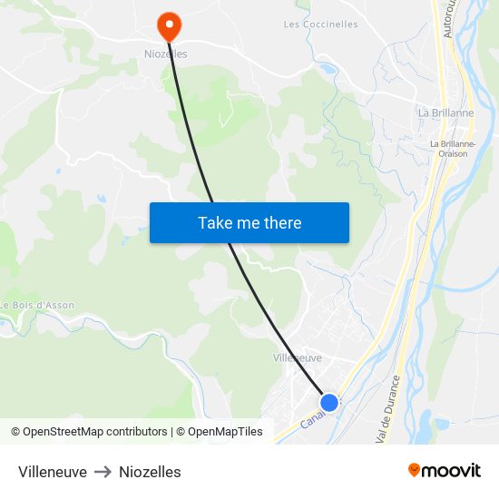 Villeneuve to Niozelles map