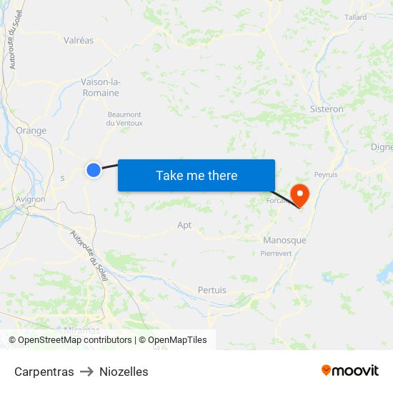Carpentras to Niozelles map