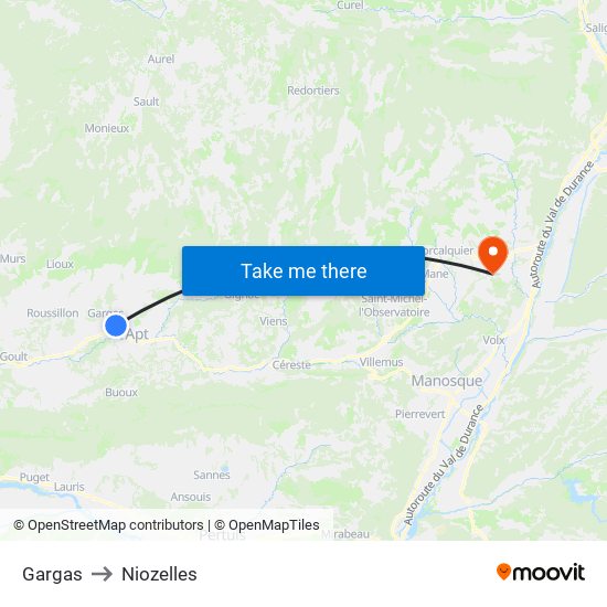 Gargas to Niozelles map