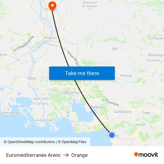 Euroméditerranée Arenc to Orange map