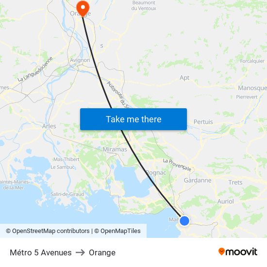 Métro 5 Avenues to Orange map